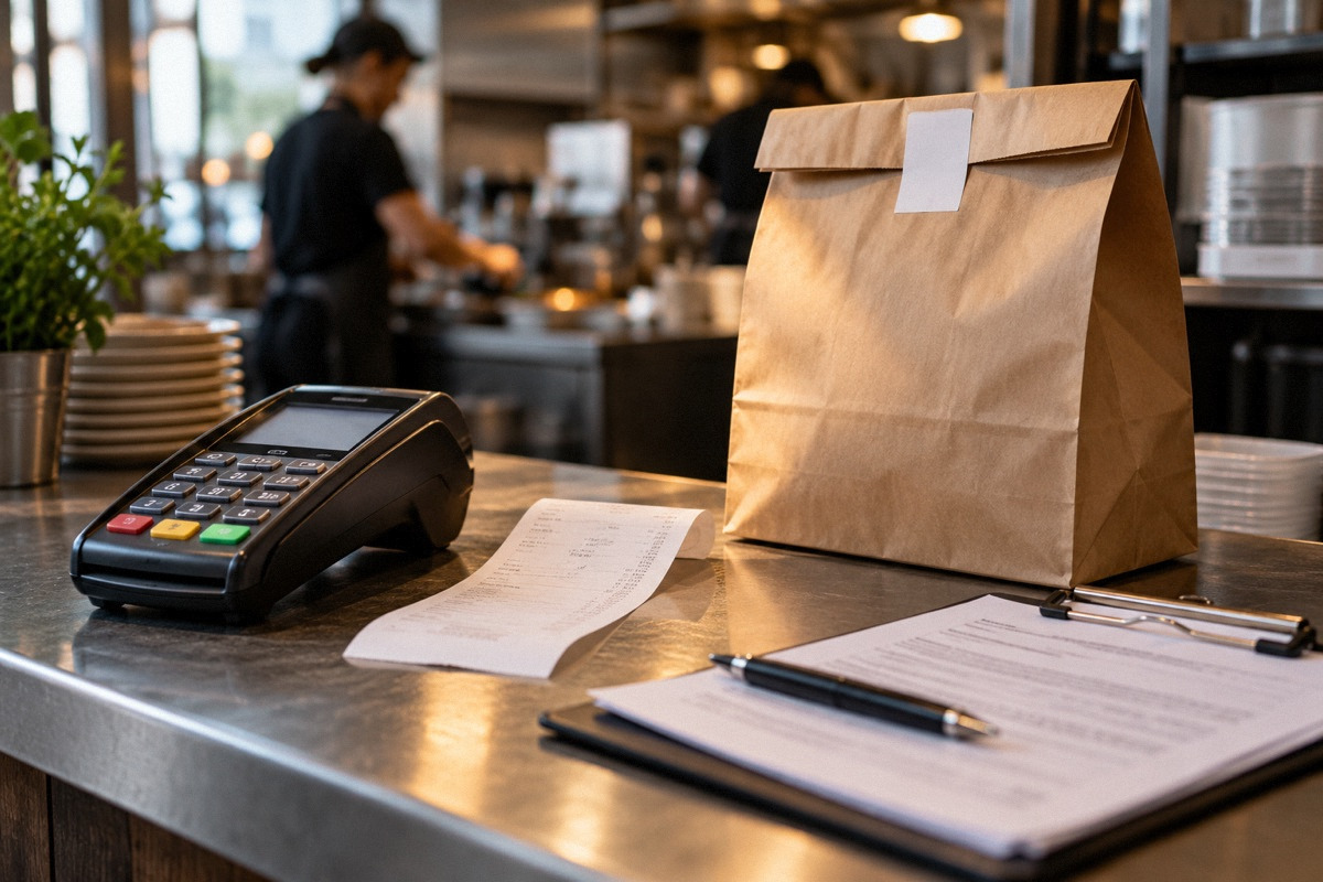 Payment terminal, saved order receipt and sealed takeaway bag on restaurant counter, chargeback documentation still life.