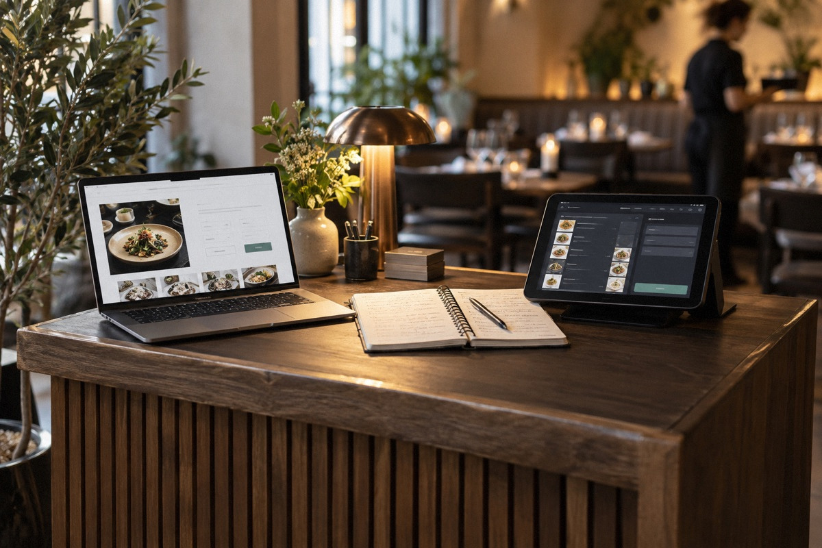 Laptop, reservation notebook and order tablet on a small restaurant front desk, different abstract interfaces, wide composition.