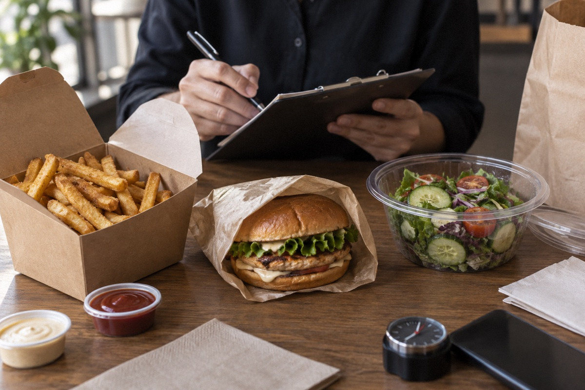 Takeout meal unpacked for inspection: separate crispy fries container, wrapped sandwich, cold salad and timing watch.