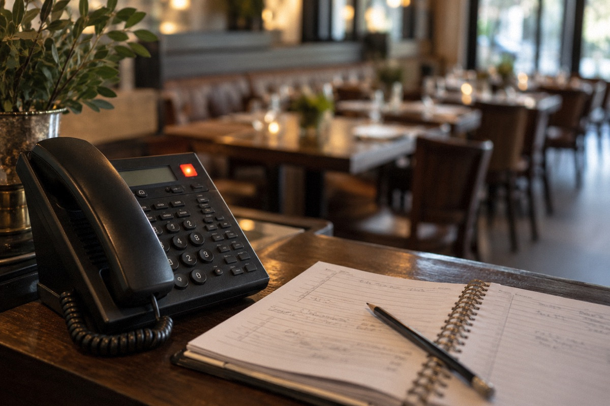 Restaurant desk telephone with missed-call indicator beside reservation notebook and pencil, empty dining room blurred behind.