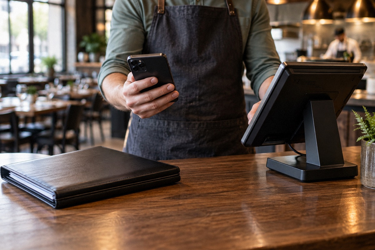 Closed product sales folder beside a restaurant POS terminal and smartphone, owner hands comparing devices, no text.