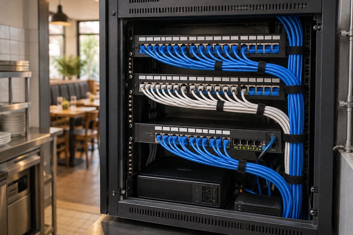 Neatly labeled but unreadable network patch panel and bundled ethernet cables in a small restaurant equipment cabinet.