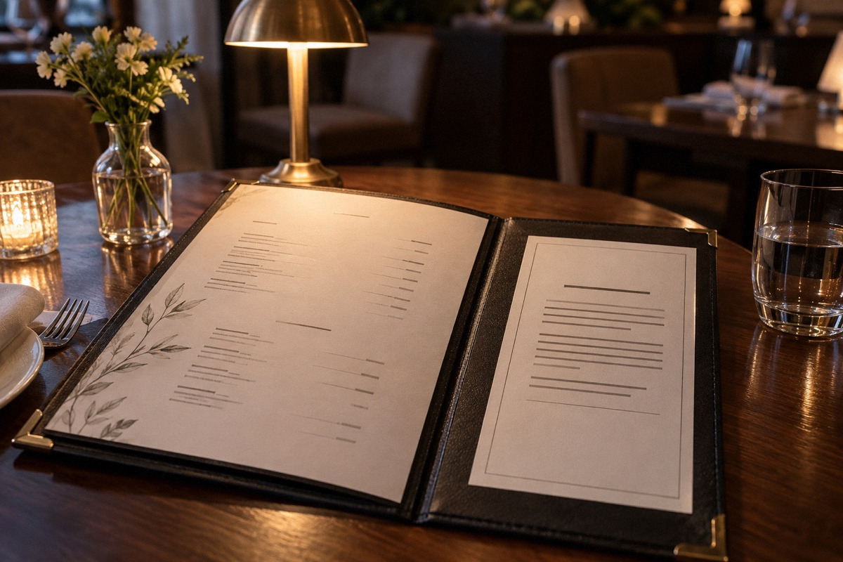 Open menu on restaurant table with a clearly separated bill disclosure area shown as neutral text lines, soft table lamp.