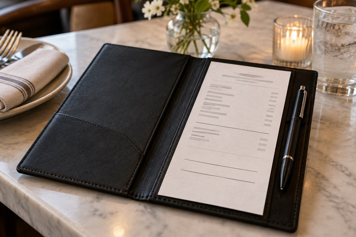 Closeup of restaurant check folder with two clearly separated neutral line sections and pen, no readable amounts or claims.