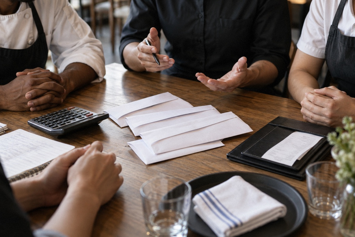 Staff meeting table with several plain pay envelopes, calculator and service check folder, cropped hands around table.