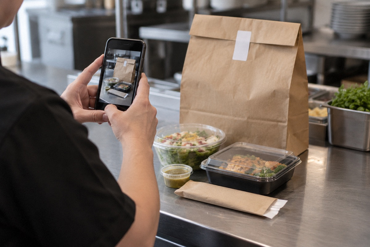 Phone photographing sealed restaurant delivery bag with contents arranged before packing, clean prep counter.