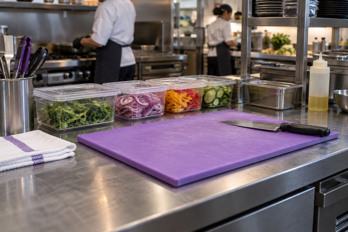 Separate allergy preparation station with purple cutting board and covered ingredient containers, no food allergen claims.