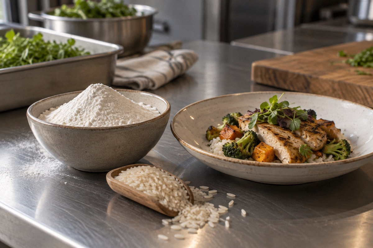 Rice flour, whole rice and separate prepared gluten-free-style dish on a dedicated clean work surface, no certification badges.