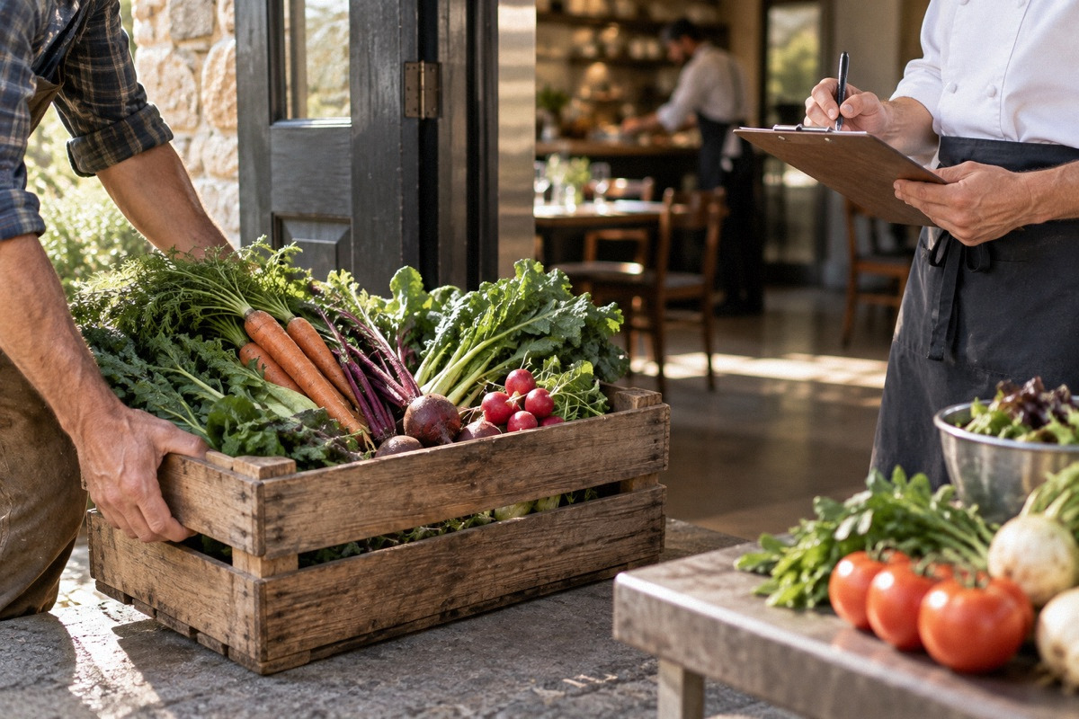 Farm vegetable crate beside restaurant receiving log and fresh seasonal produce, rustic door threshold, shallow depth.