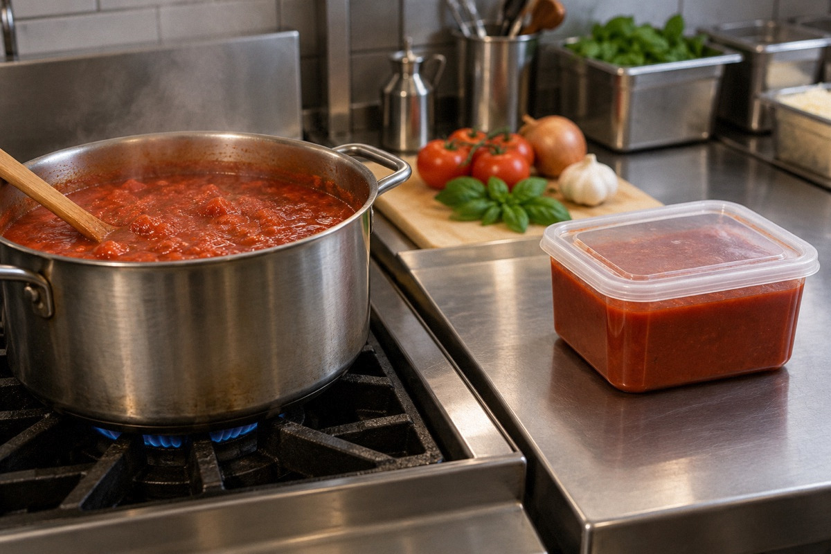 House-made tomato sauce simmering in a pot beside a sealed plain prepared sauce container, clean divided prep area.