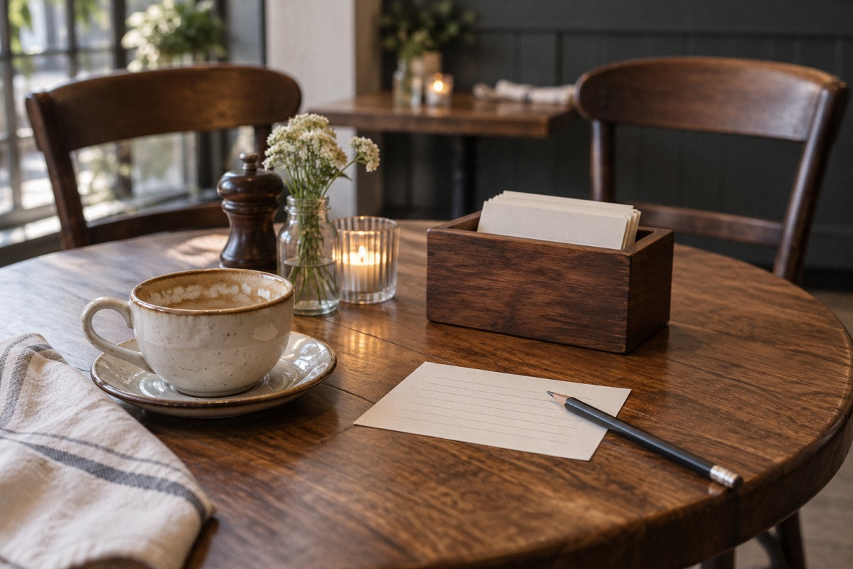 Comment card and pencil on a quiet bistro table with half-finished coffee and two empty chairs in background.
