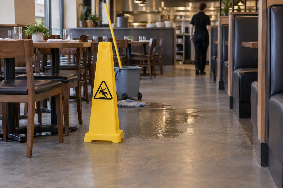 Wet-floor warning cone beside a small freshly mopped area in restaurant aisle, dry clear walking path around it.