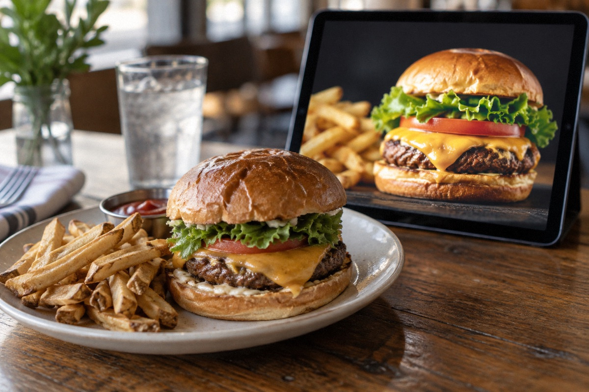 Realistic modest burger on a plate in foreground and a stylized overly perfect burger picture on a tablet behind, editorial contrast.