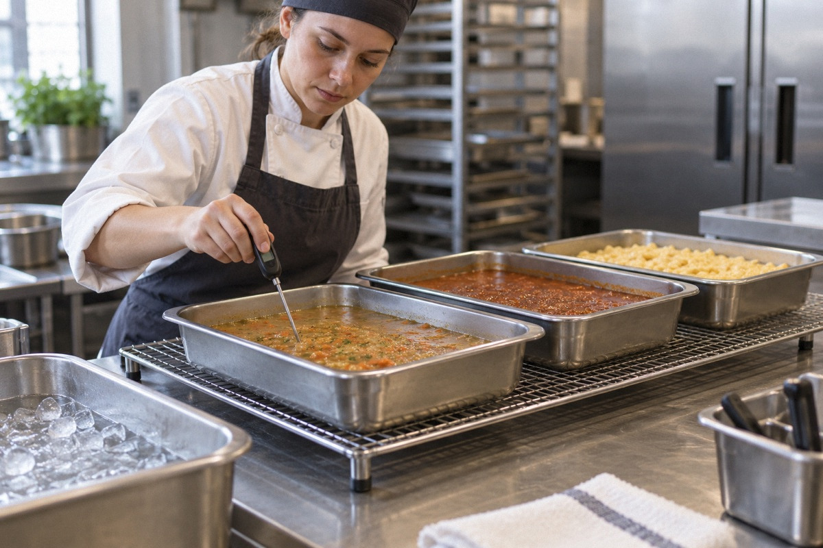 Shallow stainless pans of soup spaced on a cooling rack with an ice bath setup nearby and probe thermometer, clean kitchen.