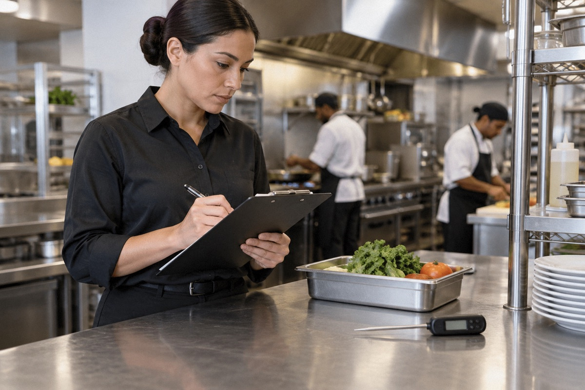 Neutral health inspector clipboard and digital probe thermometer on spotless stainless worktop, commercial kitchen wide background.