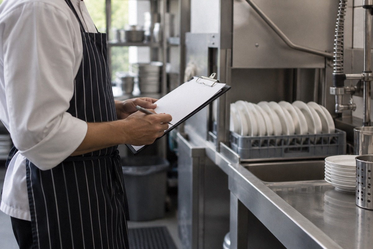 Kitchen manager reviewing a blank complaint report near a clean dishwashing station, torso and hands only.