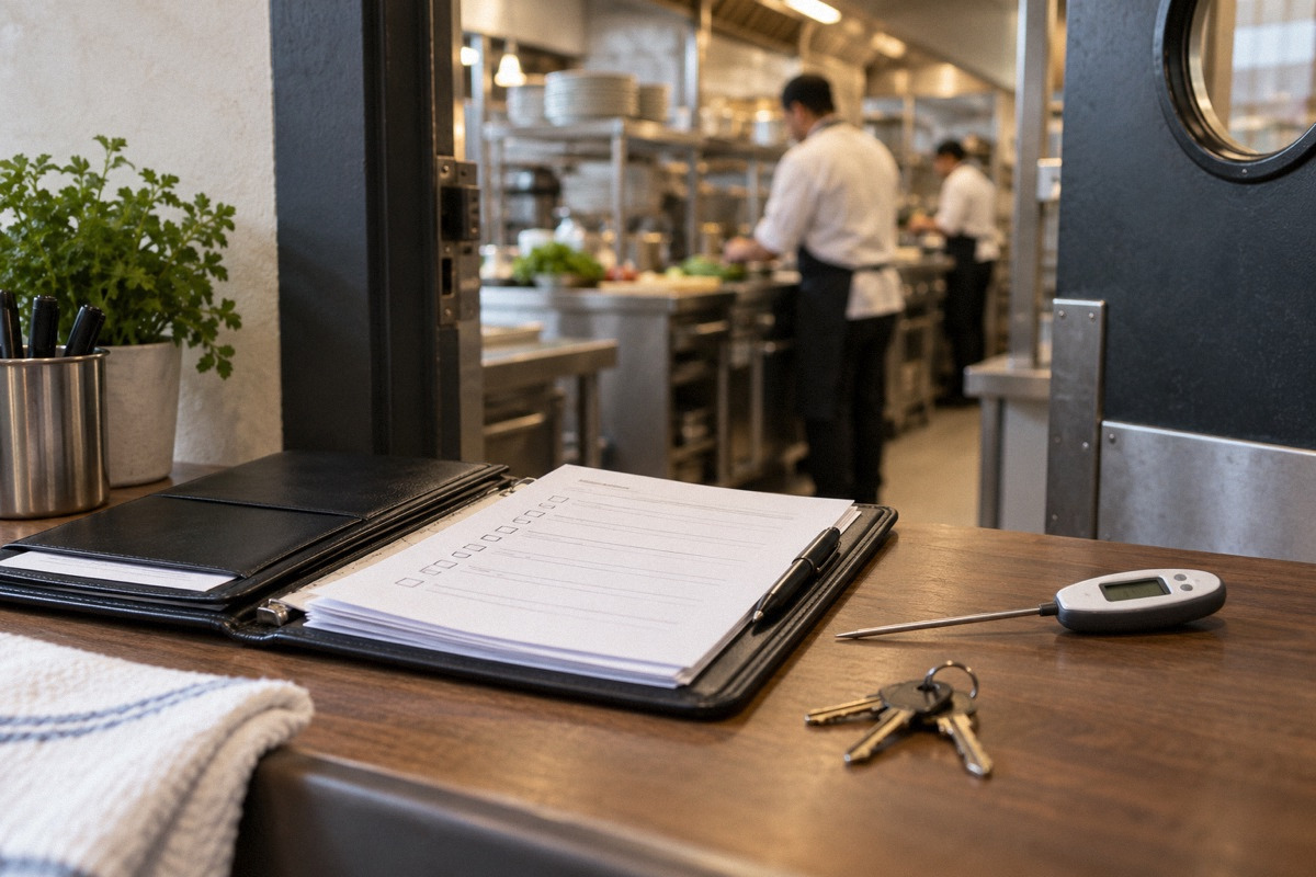 Organized inspection folder, food thermometer and kitchen keys laid out at a restaurant entrance to kitchen.