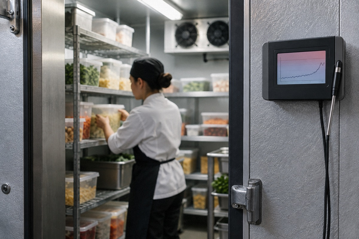 Walk-in cooler doorway with sealed food tubs and a separate large temperature probe display, no readable numeric claim.