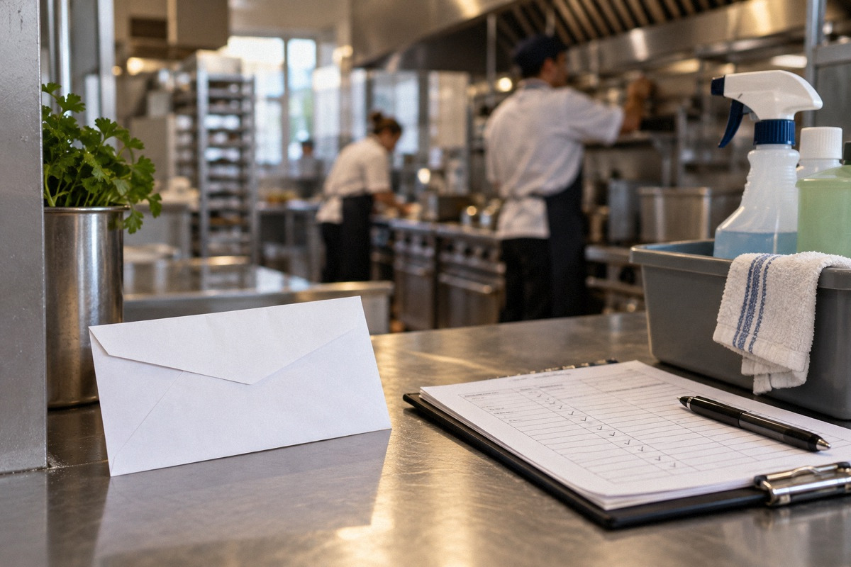 Anonymous staff feedback envelope beside a kitchen maintenance log and cleaning supplies, respectful problem-solving scene.