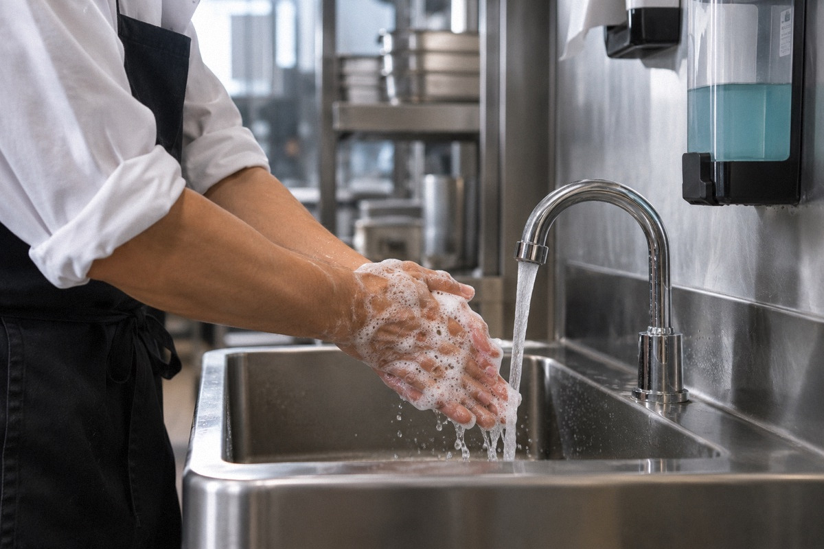 Hands washing with soap at dedicated restaurant hand sink, sleeves rolled up, soap dispenser, no food in sink.