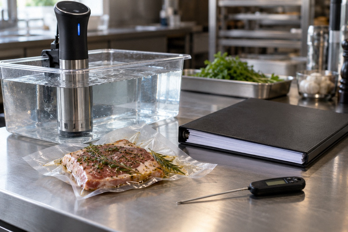 Vacuum-sealed ingredient pouch and sous-vide circulator beside closed process binder and probe thermometer on stainless bench.