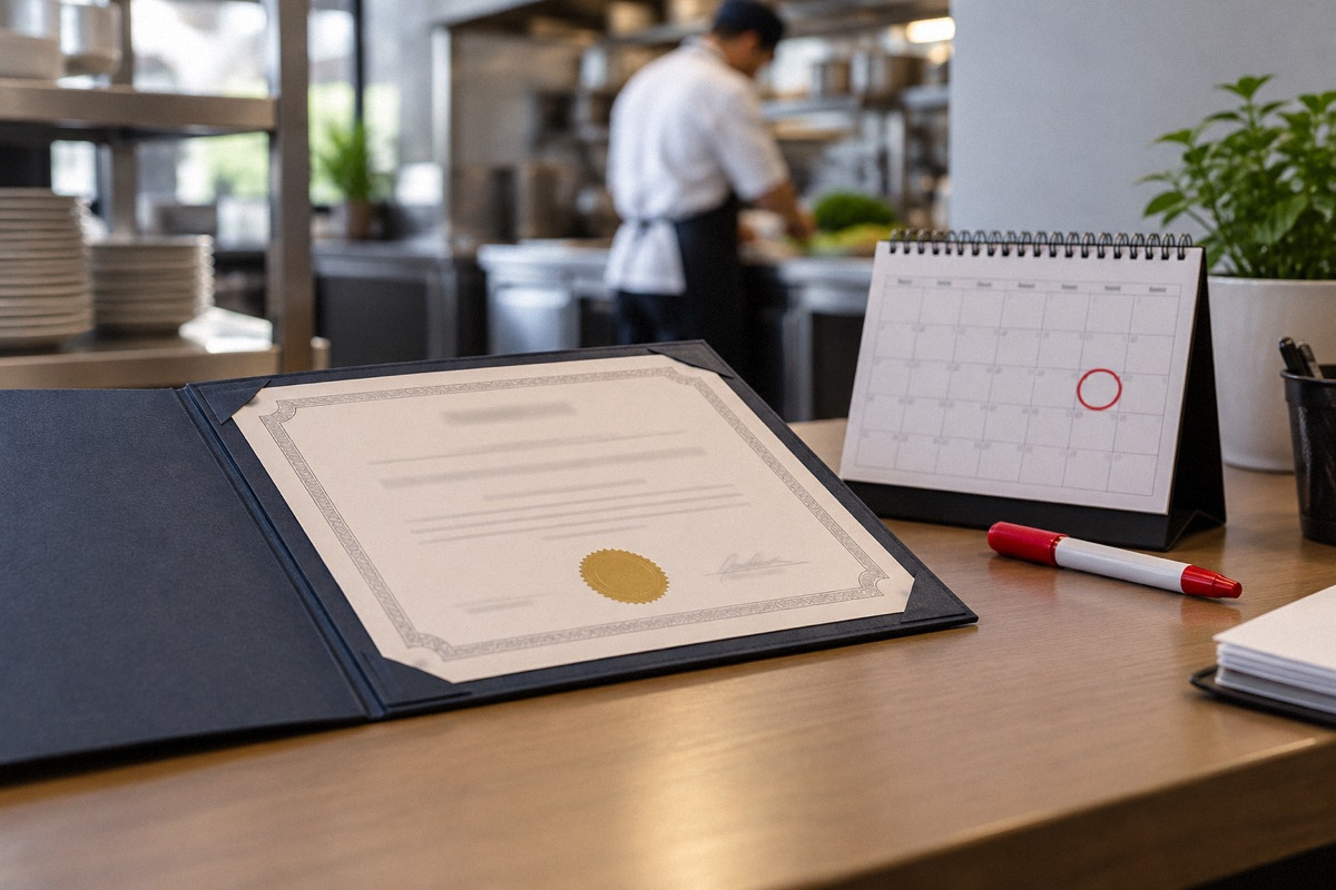 Food safety training certificate with unreadable text in a plain folder beside a desk calendar and reminder marker.