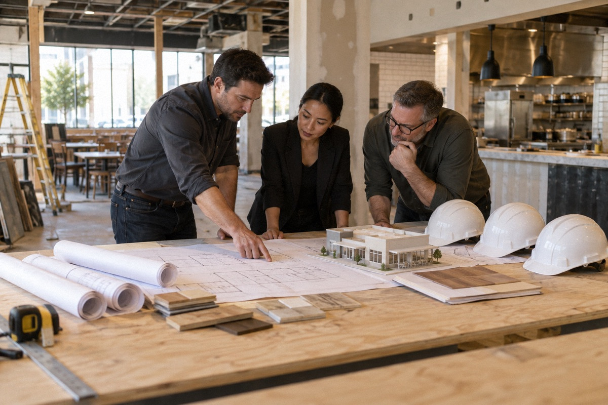Restaurant renovation meeting with small building model, plan set and three hard hats on a plywood table, wide shot.