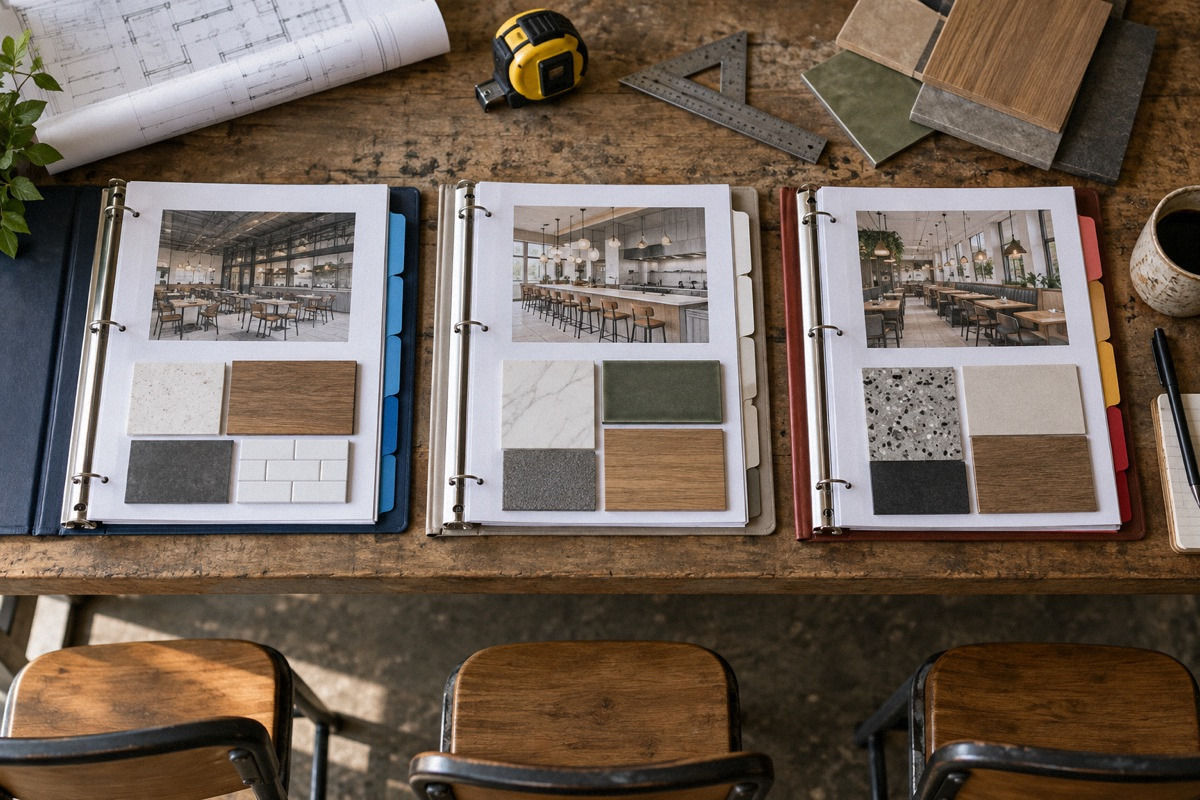 Three buildout bid folders with tabbed sections and material samples aligned for comparison on workbench, top-down.