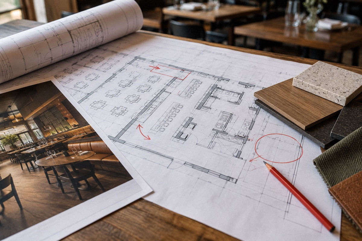 Rolled restaurant blueprint partially covered by a change-order sheet and new material samples, red pencil marks without text.
