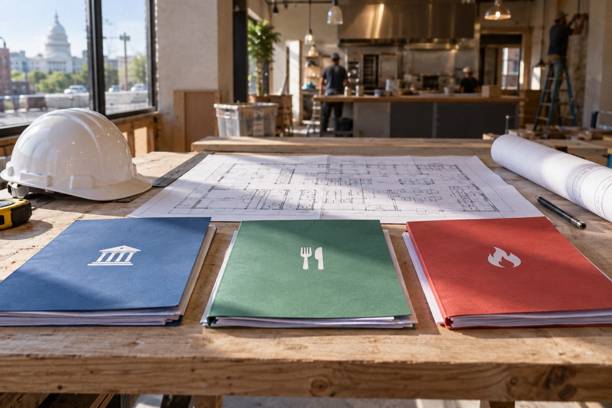 Three permit folders and a restaurant plan laid in a deliberate sequence on site table, hard hat nearby, no readable text.