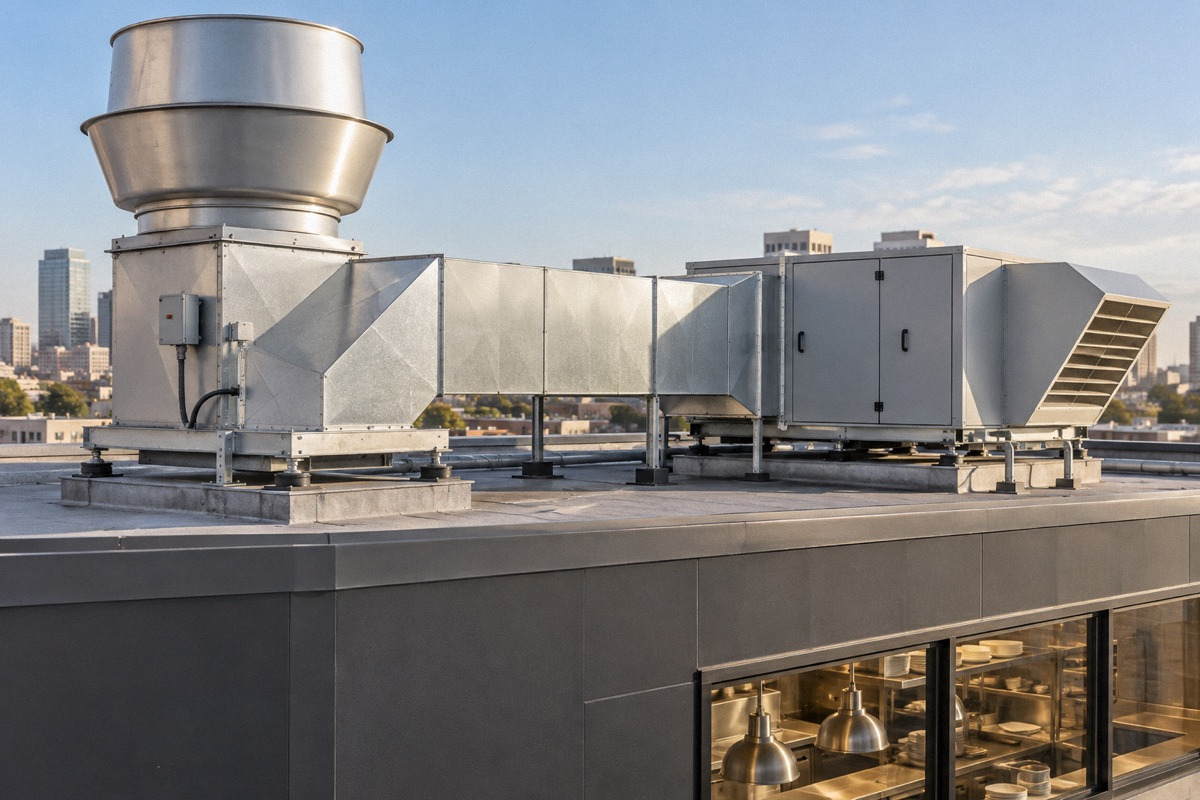 Rooftop restaurant exhaust fan and makeup-air equipment with ductwork in daylight, wide architectural equipment photograph.