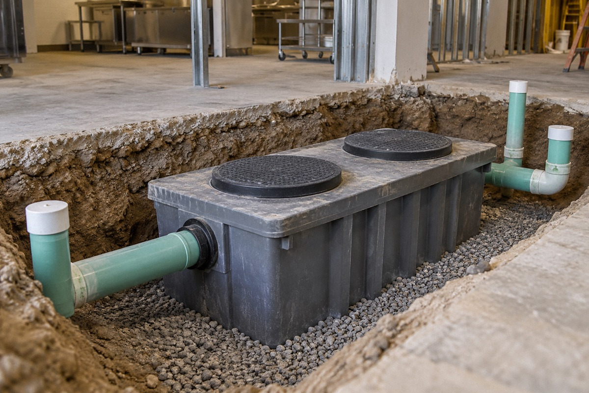 New grease interceptor tank and capped plumbing pipes at a clean restaurant conversion site, no people in trench.