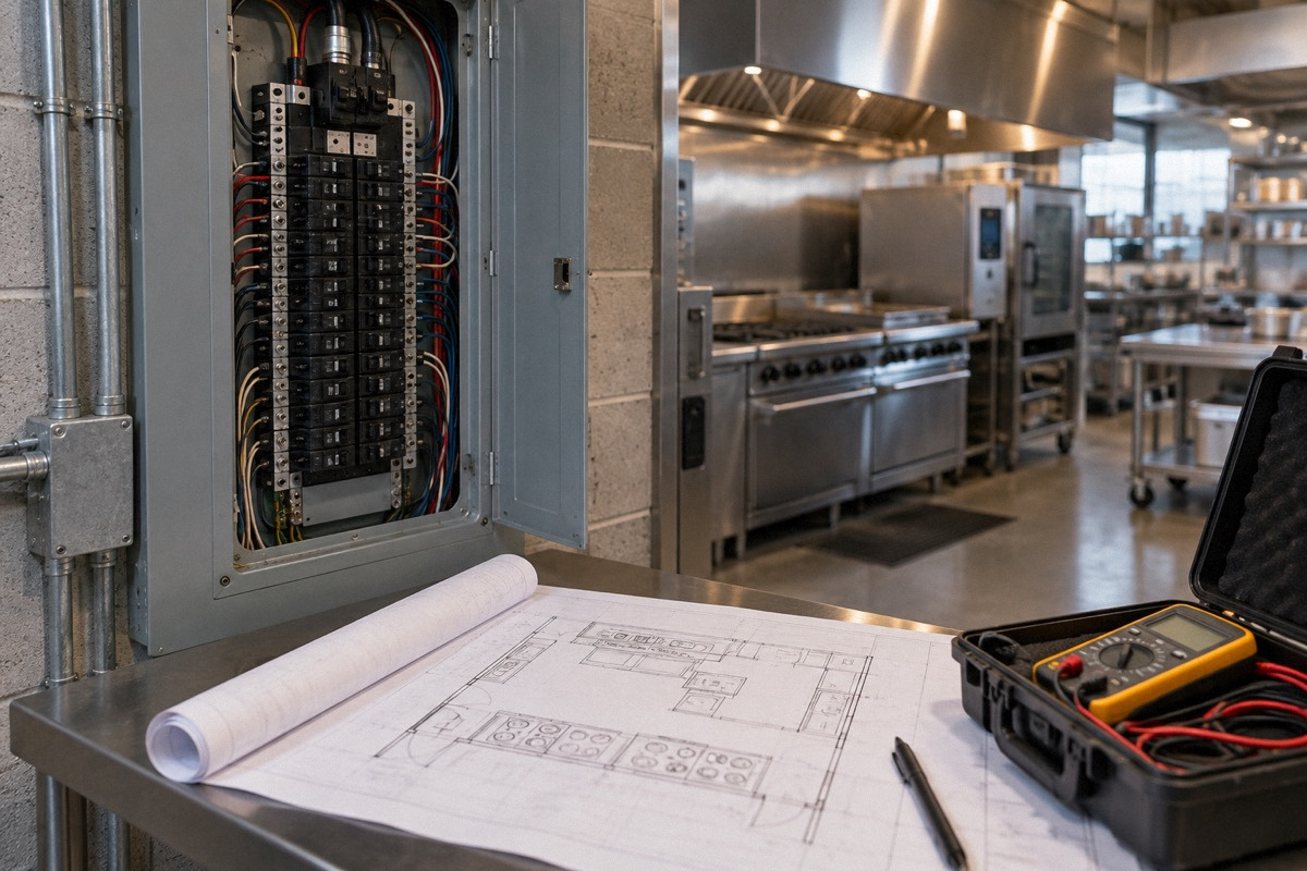 Closed commercial electrical distribution panel beside kitchen equipment floor plan and professional meter in its case.