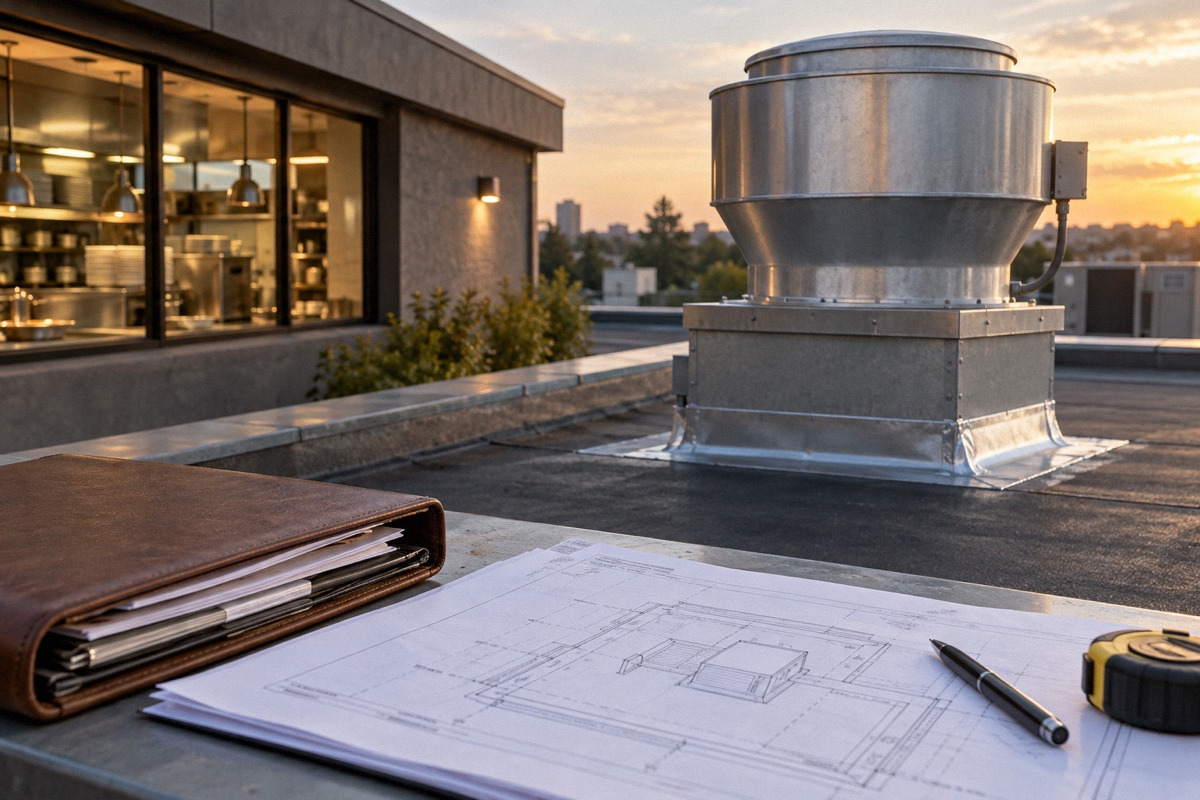 Restaurant building roof with correctly flashed duct curb, lease folder and roof drawing on inspection table in foreground.