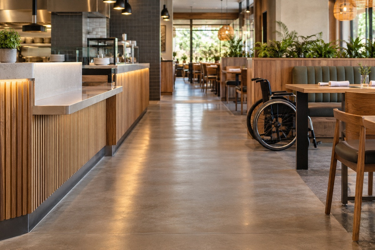 Wide unobstructed accessible restaurant aisle and lowered service counter, carefully designed seating, no people.