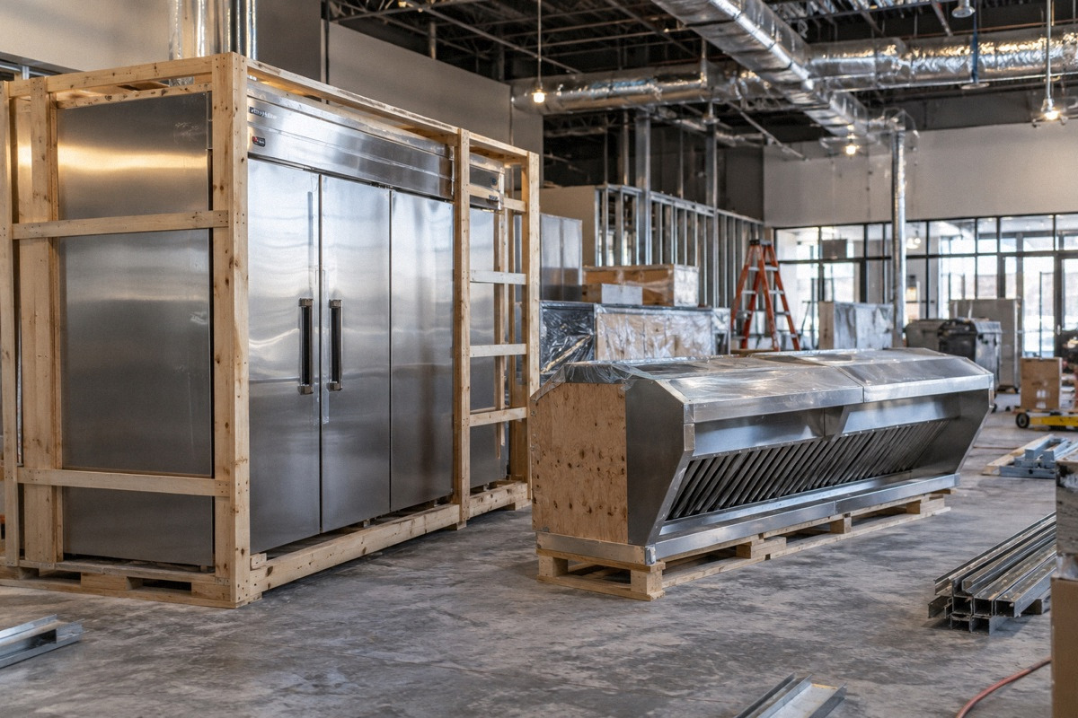 Crated commercial refrigeration and stainless hood awaiting installation at restaurant construction site, wide warehouse view.