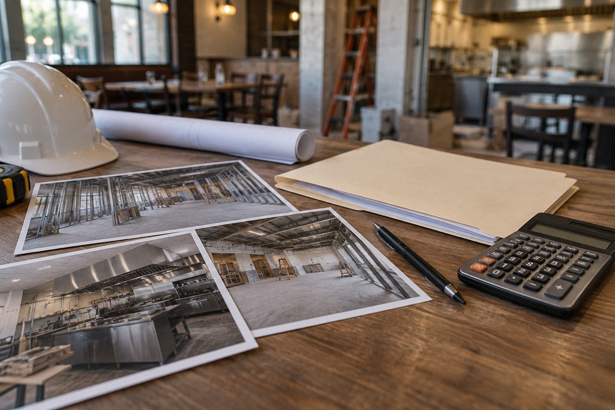 Construction progress photo prints, plain payment application folder and calculator on restaurant project desk.