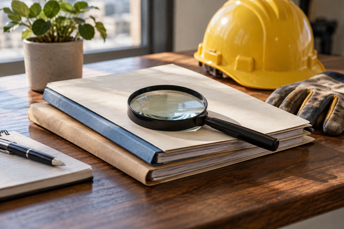 Plain license and insurance document folders with magnifying glass, work gloves and small hard hat, professional desk.