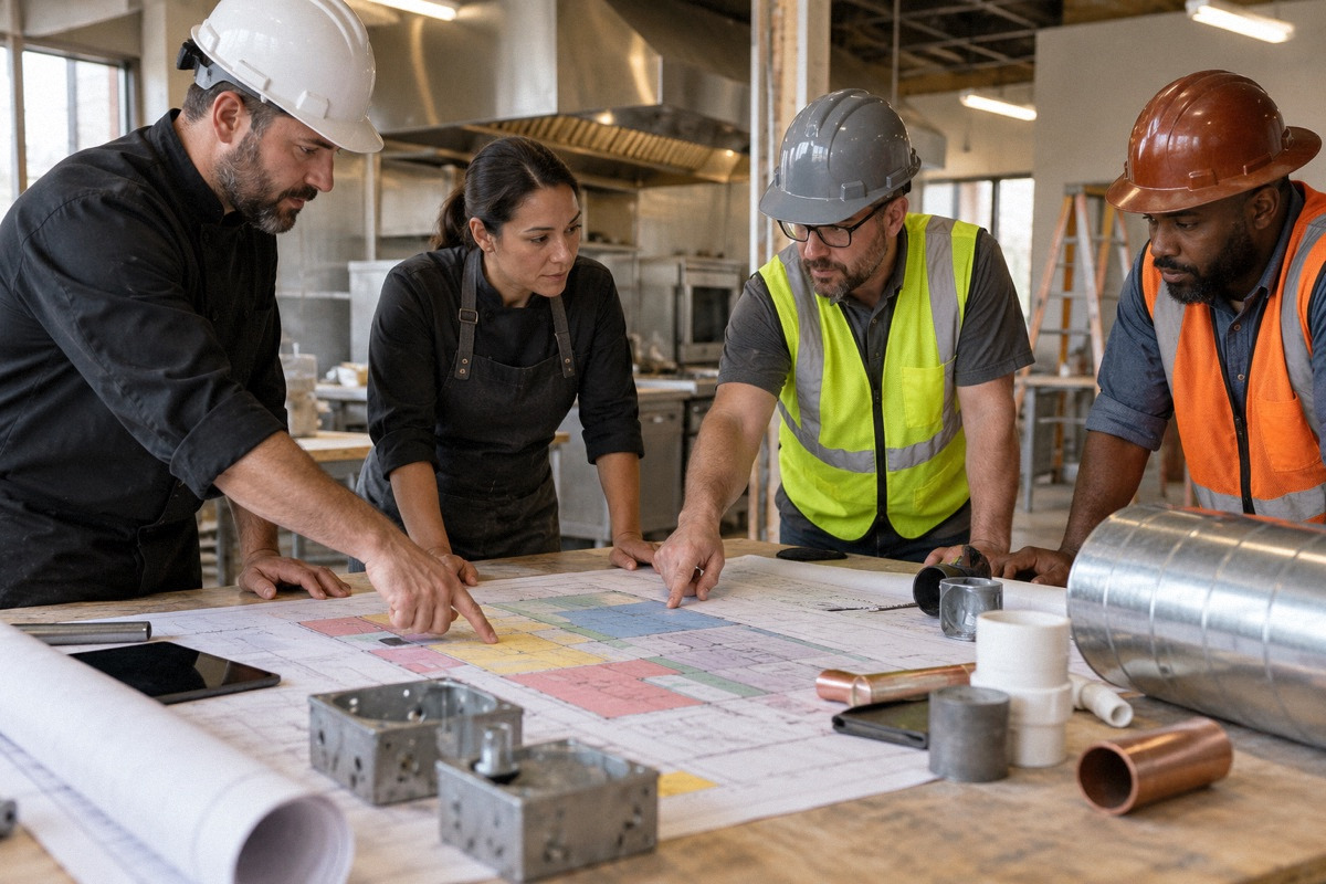 Color-coded trade plan sheets and electrical, plumbing and duct samples arranged on a site coordination table.