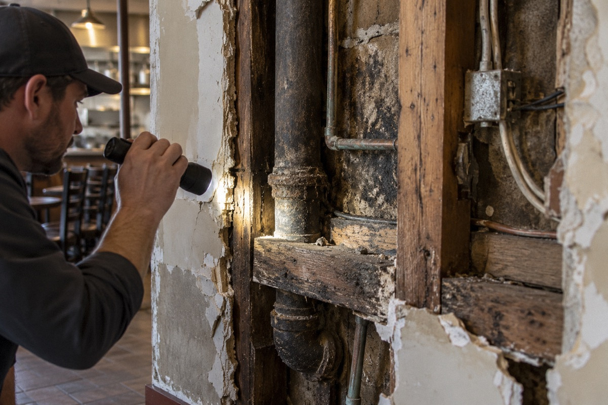 Carefully opened old restaurant wall revealing aged pipes and timber framing with inspection flashlight, no active unsafe work.