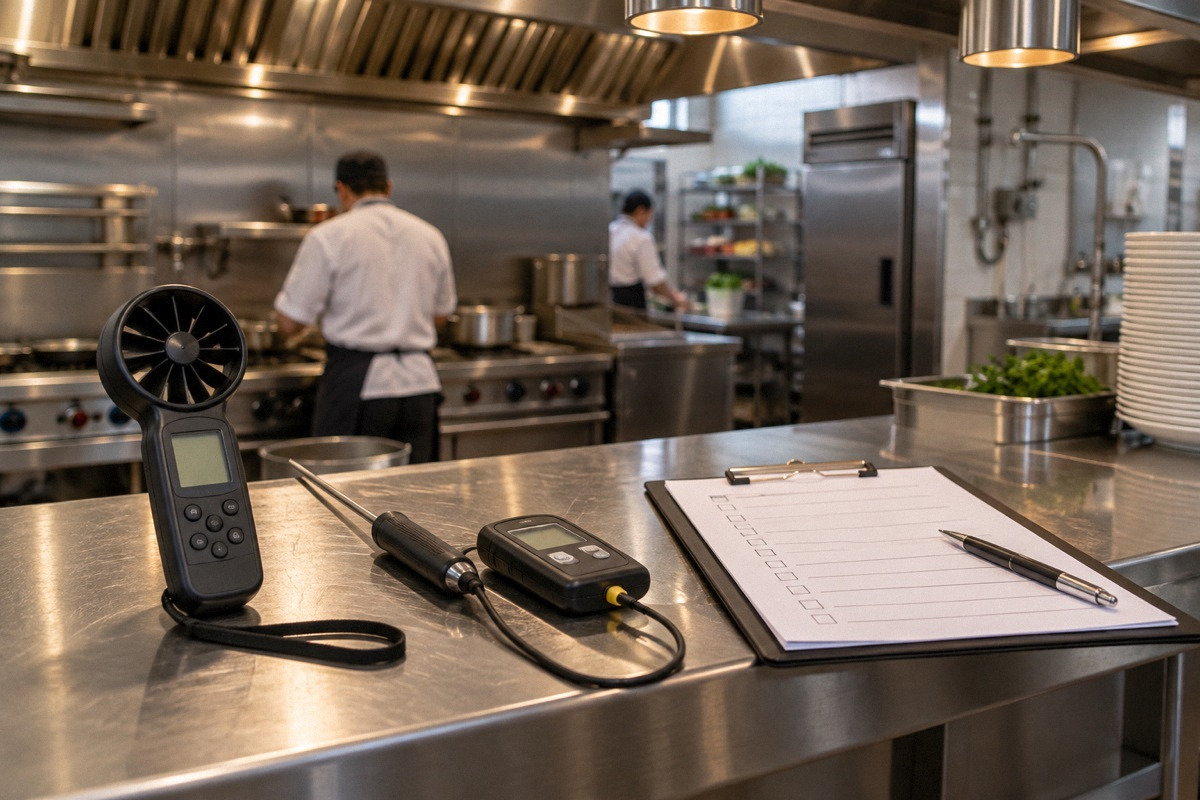 Restaurant commissioning toolkit with anemometer, temperature probe and checklist on newly installed kitchen pass.