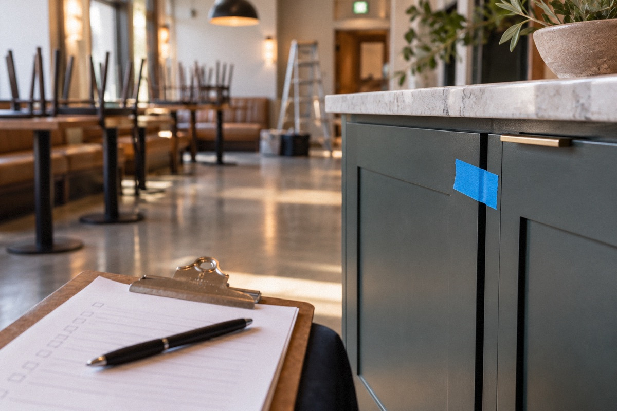Blue removable punch-list tape marking a cabinet adjustment in a nearly completed restaurant, clipboard foreground.
