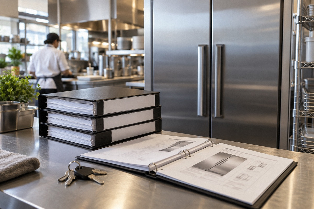 Organized equipment warranty binders, service keys and appliance manual beside new commercial refrigerator.
