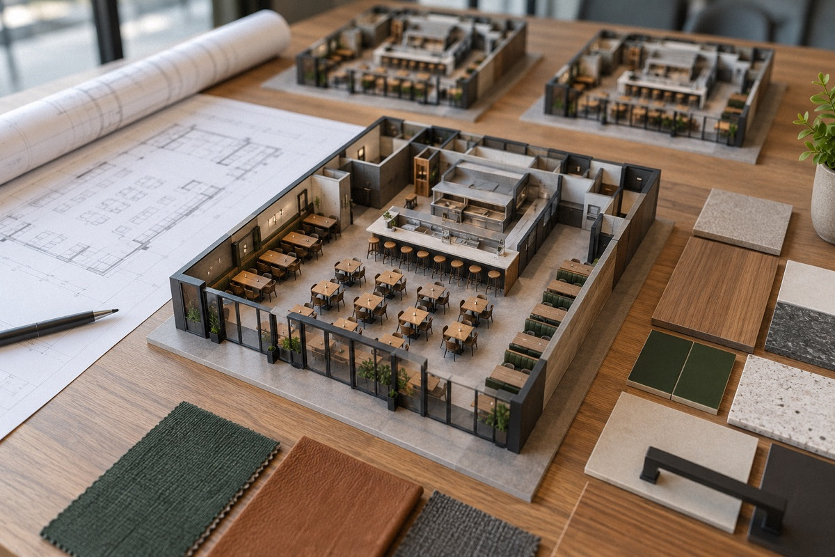 Repeatable restaurant layout model and matching sets of finish samples organized on an architect's table.