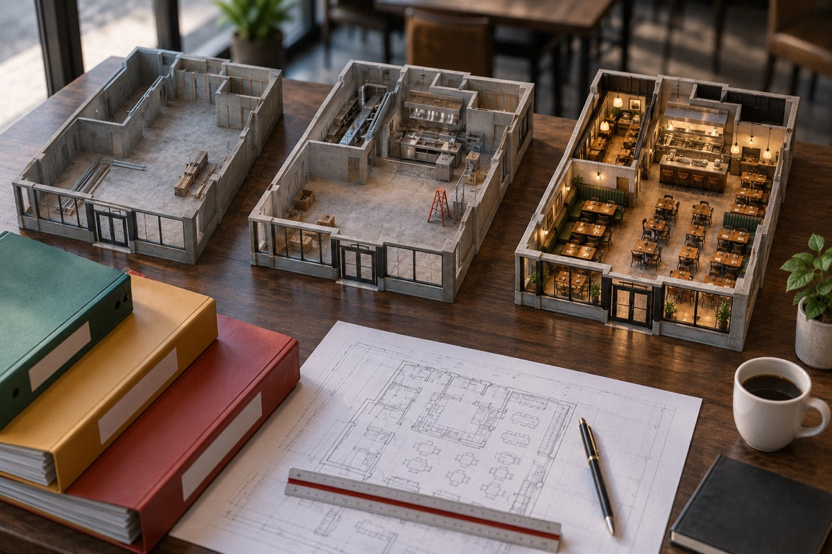 Three miniature restaurant floor plans at different completion stages with project folders and progress markers, overhead planning scene.